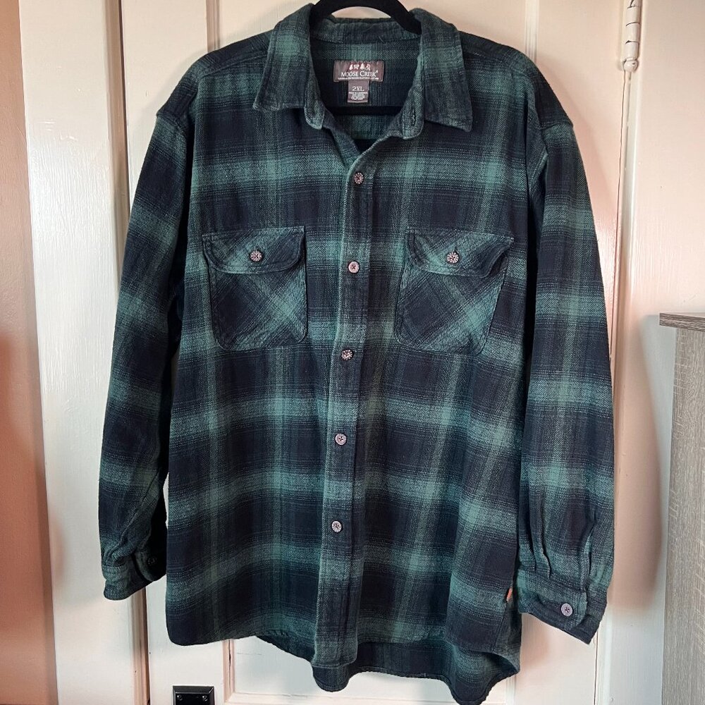 Mens Moose Creek XXL Flannel Button Up Shirt Green/Black Plaid 100% Cott…‎